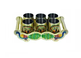 2125 Peacock Design Glass with Handle and Handicraft Serving Tray Set