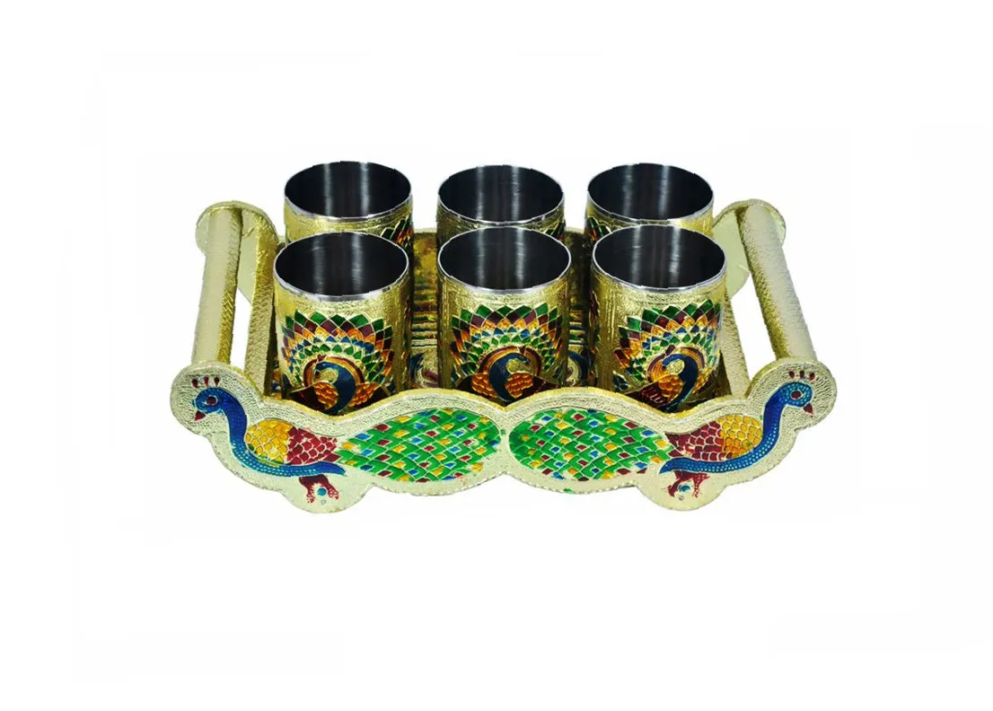 2125 Peacock Design Glass with Handle and Handicraft Serving Tray Set