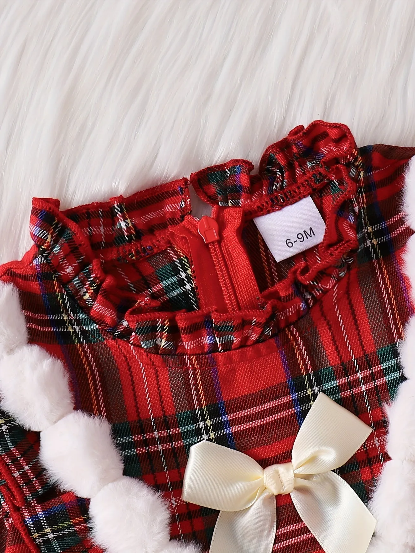 Adorable Girls' Christmas Plaid Long Sleeve Dress with Pom-Pom Detail - Cozy Polyester, Machine Washable - Perfect for Fall/Winter