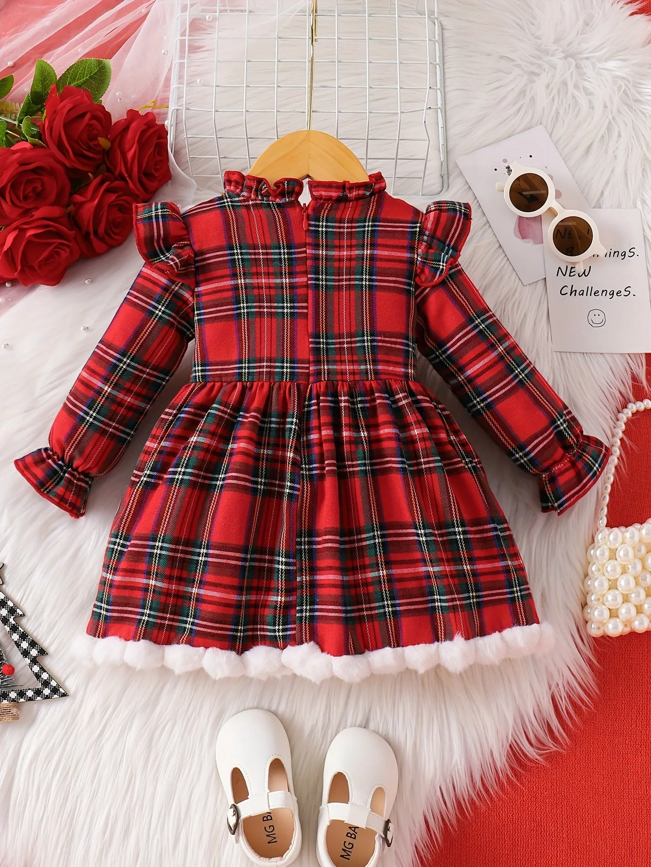 Adorable Girls' Christmas Plaid Long Sleeve Dress with Pom-Pom Detail - Cozy Polyester, Machine Washable - Perfect for Fall/Winter