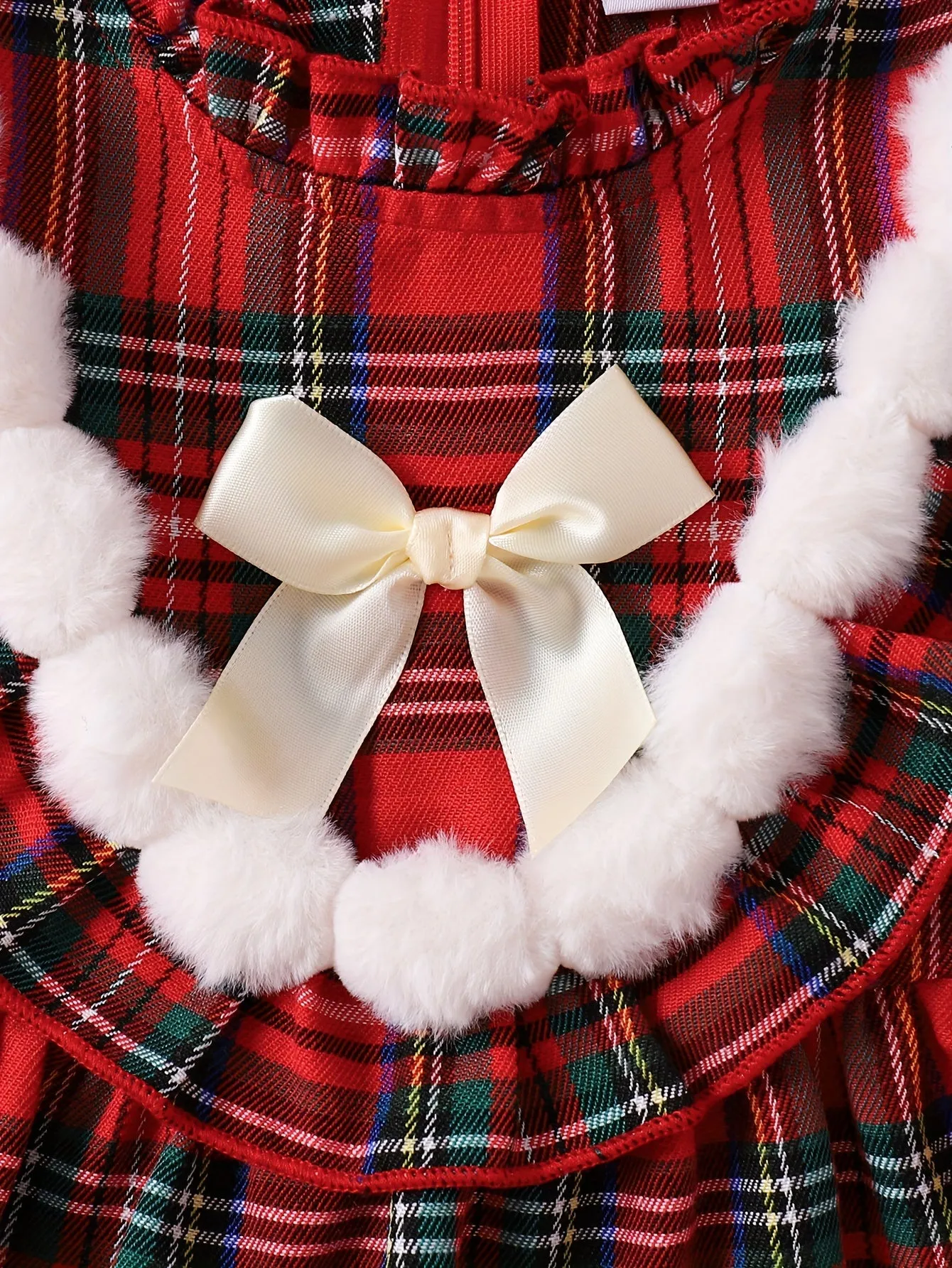 Adorable Girls' Christmas Plaid Long Sleeve Dress with Pom-Pom Detail - Cozy Polyester, Machine Washable - Perfect for Fall/Winter