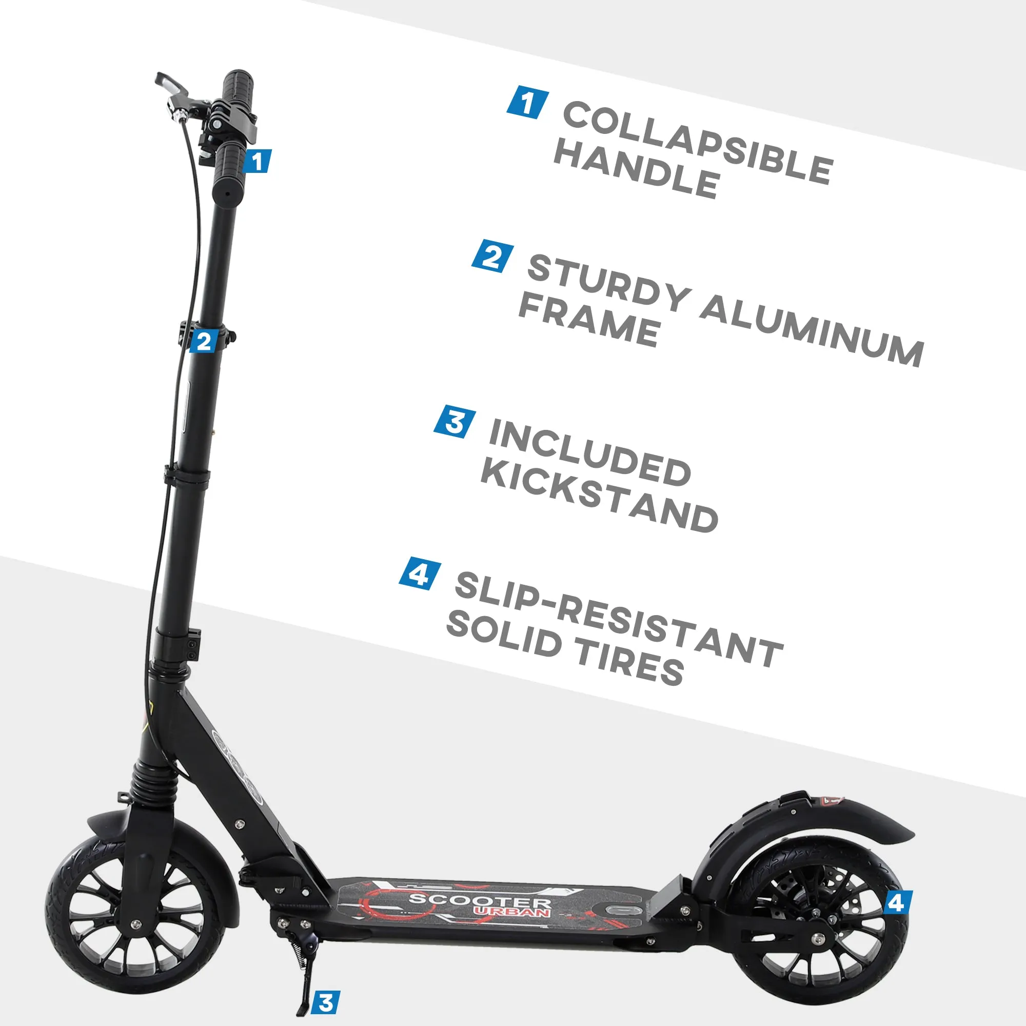Adult Teens Kick Scooter Fold Adjust 14  w/ Rear Wheel&Hand Brake Black
