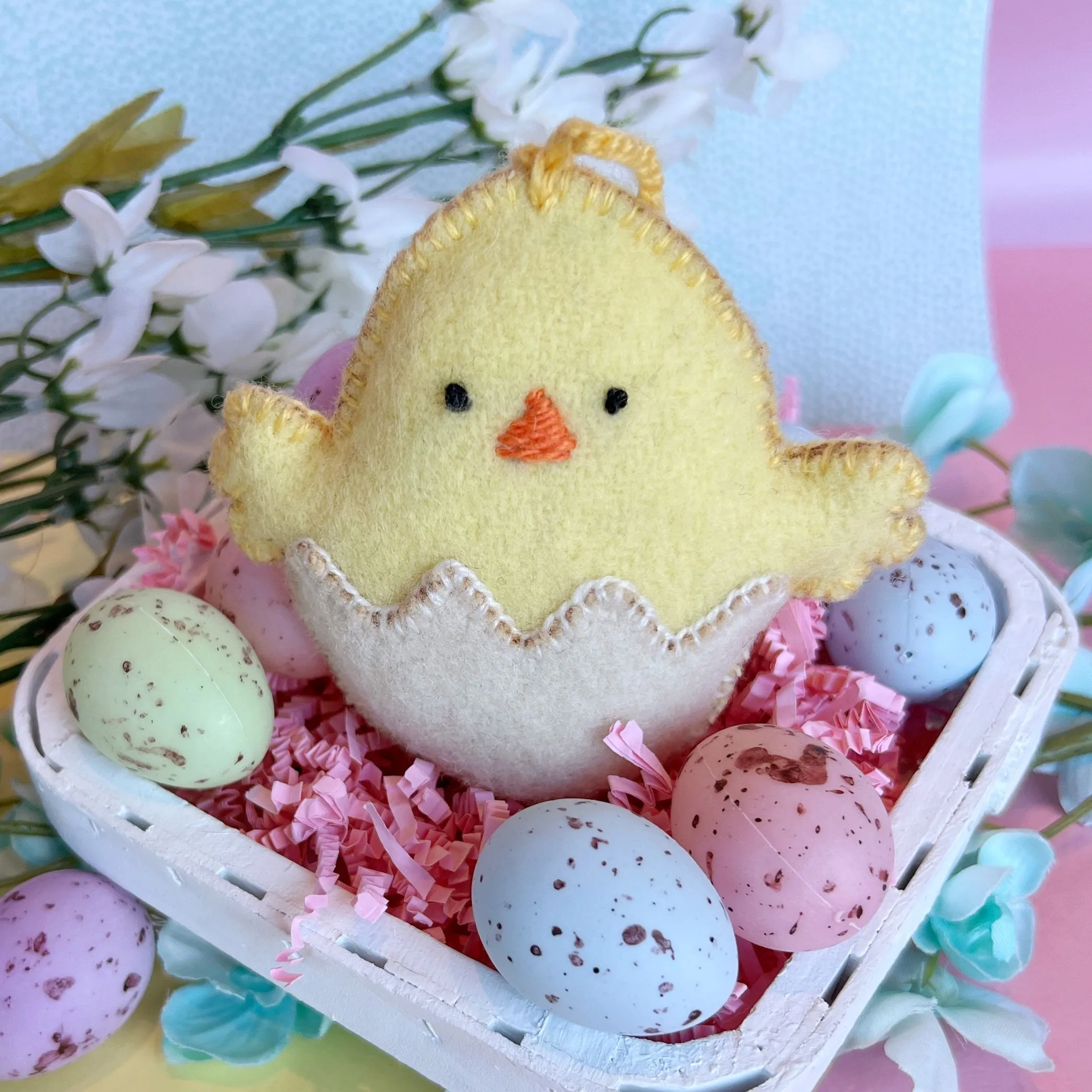 Baby Chick Ornament, Embroidered Wool