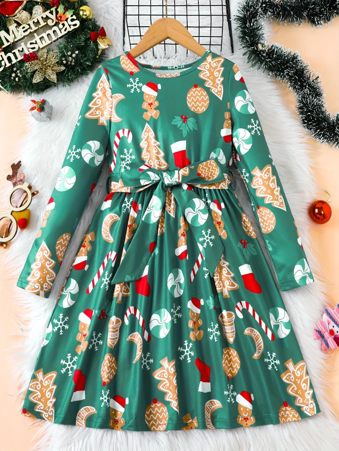 Girls Cartoon Gingerbread Man Long Sleeve Dress - Comfy, Graphic Print, Christmas Gift Idea for Kids