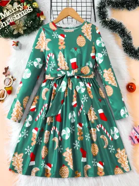 Girls Cartoon Gingerbread Man Long Sleeve Dress - Comfy, Graphic Print, Christmas Gift Idea for Kids