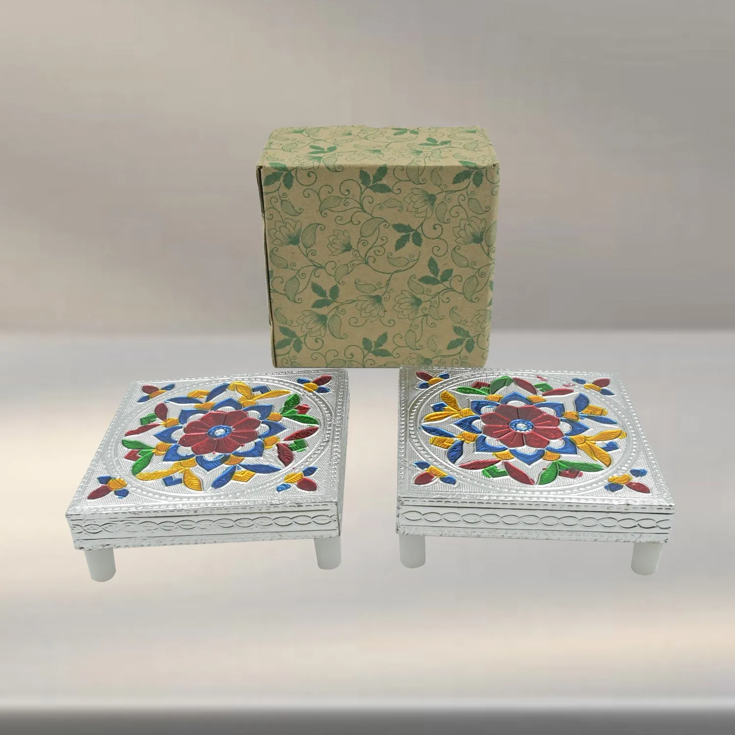 Handicraft Meenakari Wooden Chowki Puja Bajot For Home & Office Decor for Puja Multicolour (2 Pc Set)