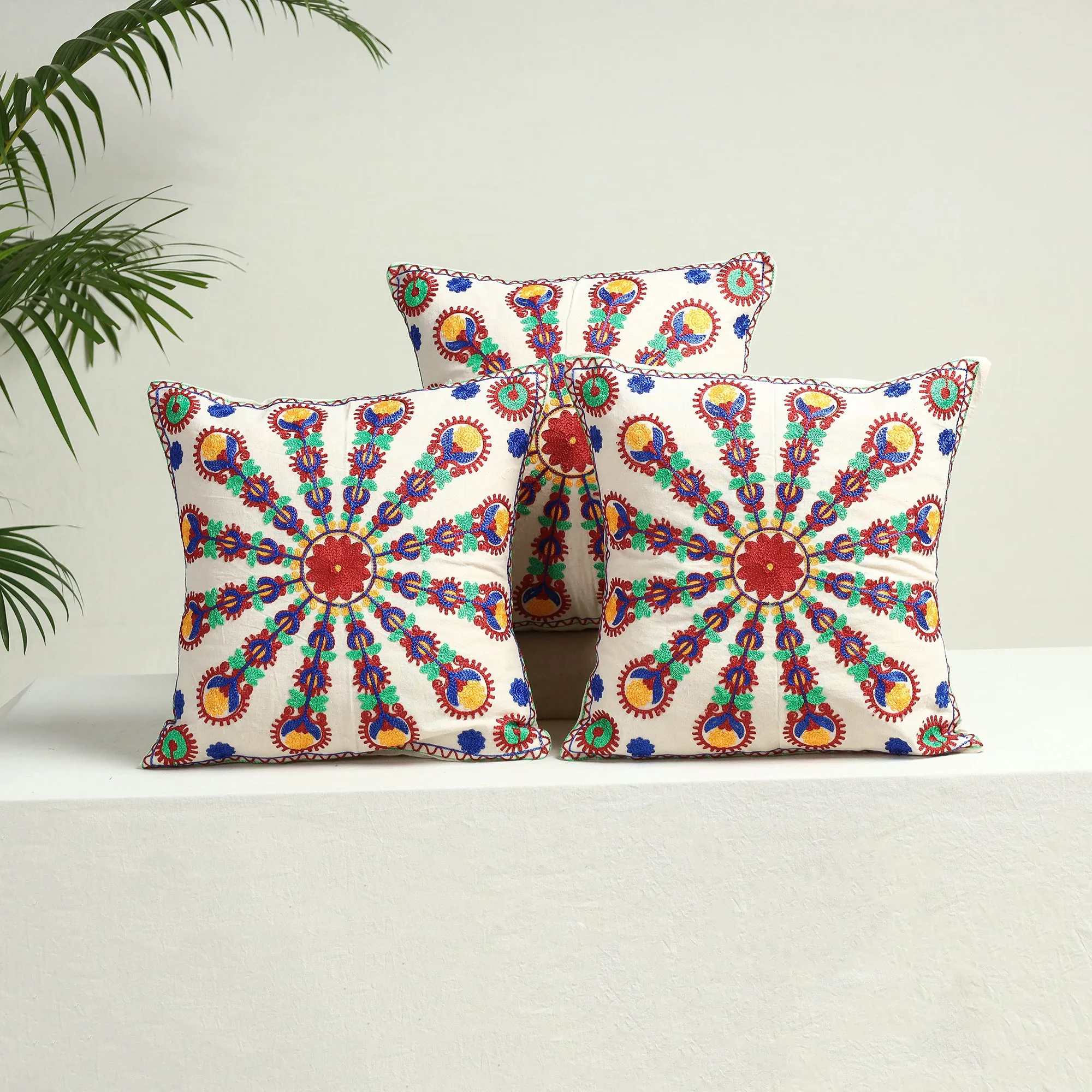 Multicolor - Set of 5 - Aari Hand Embroidery Cotton Cushion Cover (16 x 16 in)