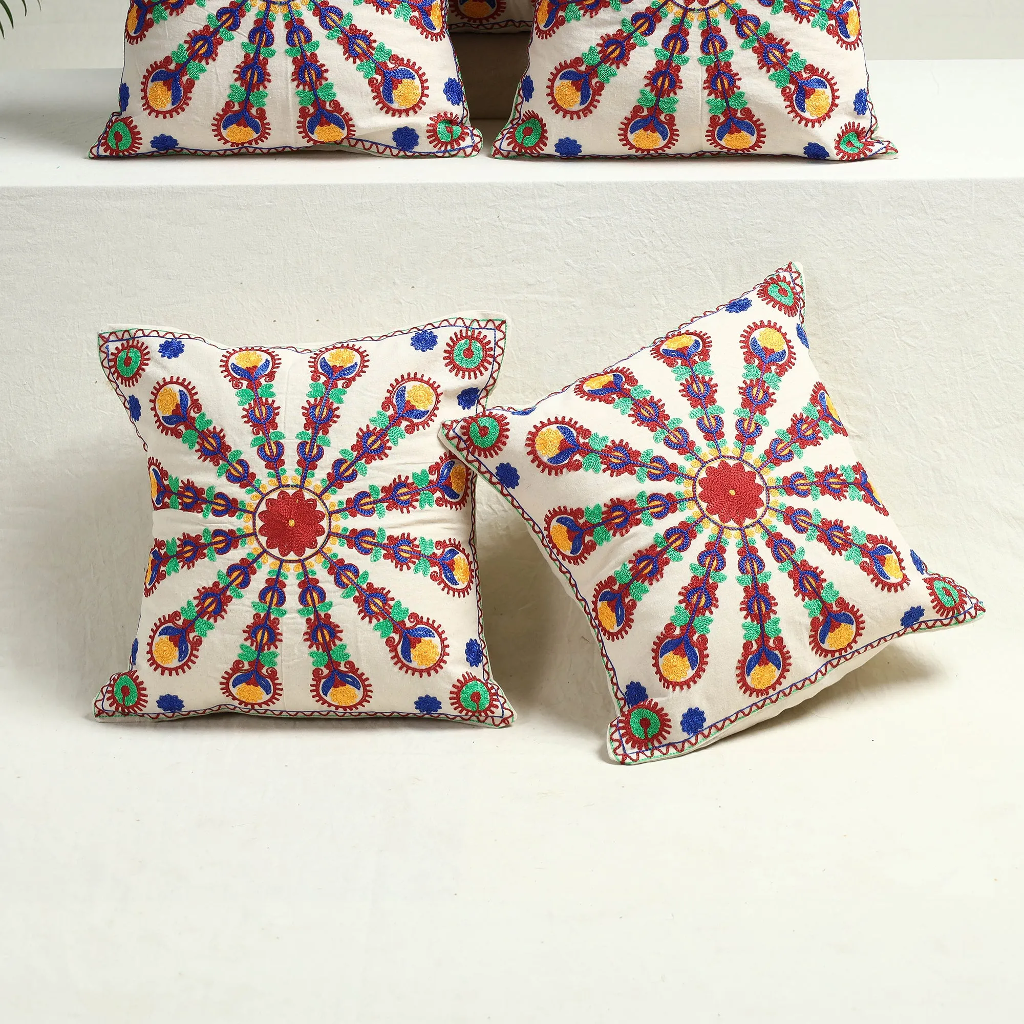 Multicolor - Set of 5 - Aari Hand Embroidery Cotton Cushion Cover (16 x 16 in)