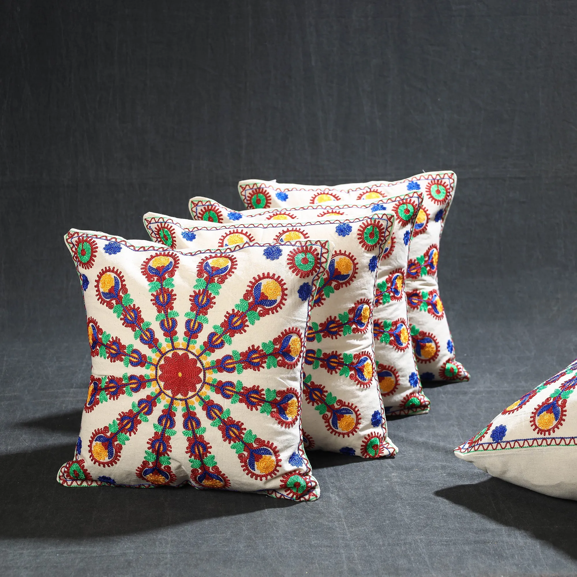 Multicolor - Set of 5 - Aari Hand Embroidery Cotton Cushion Cover (16 x 16 in)