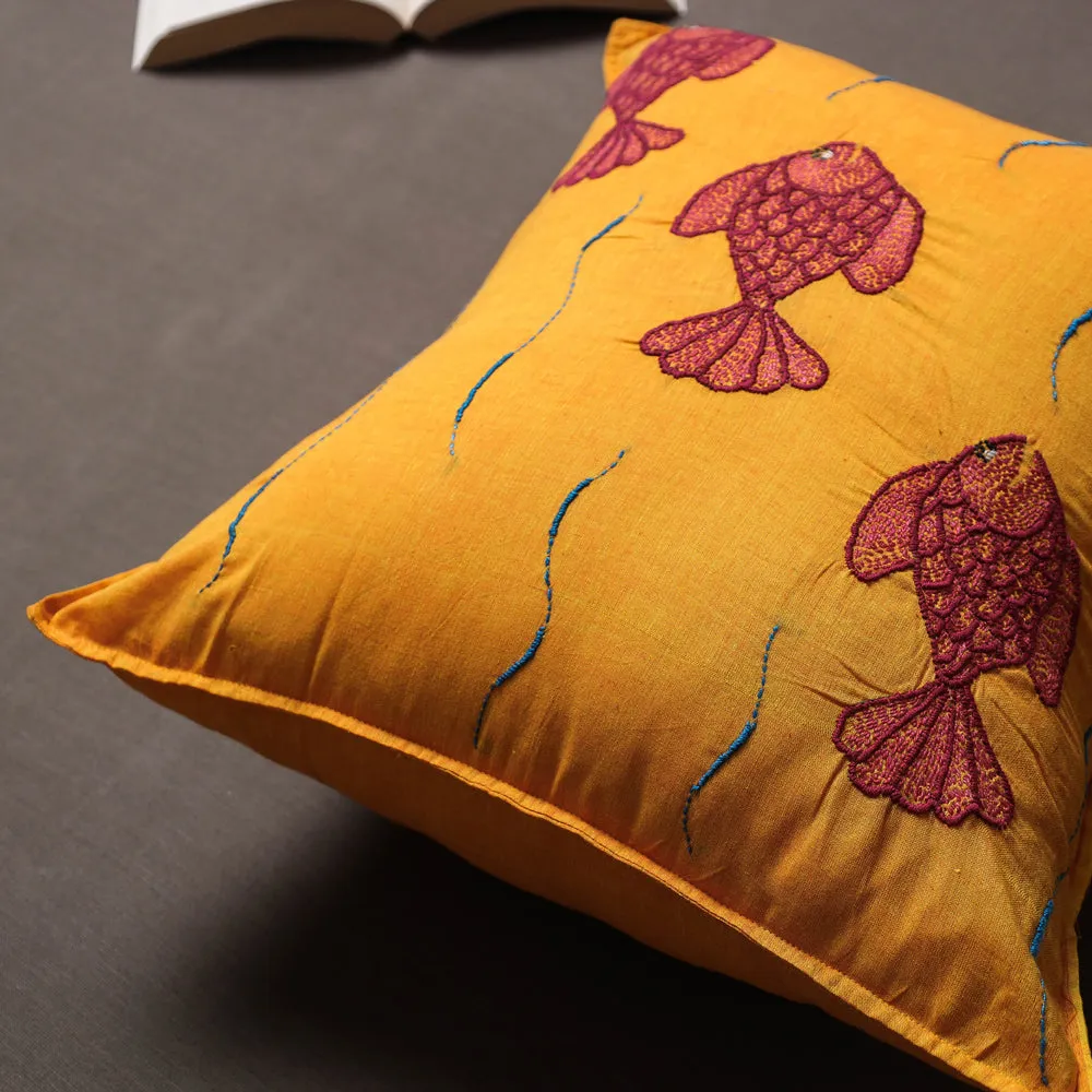 Orange - Chandi Mati Tagai Work Cotton Cushion Cover (16x16 inches)