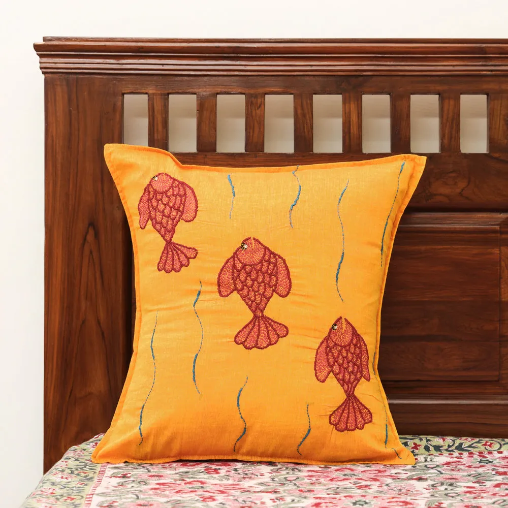 Orange - Chandi Mati Tagai Work Cotton Cushion Cover (16x16 inches)