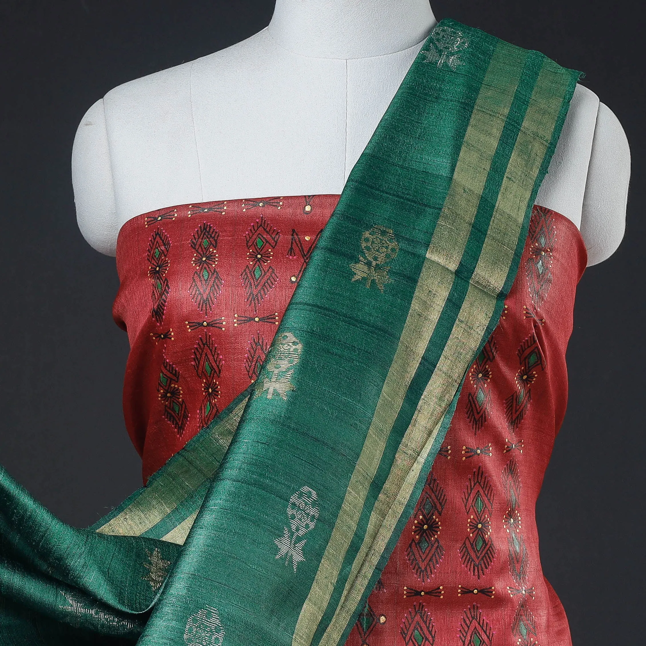 Red - 2pc Godna Handpainted Tussar Silk Suit Material with Zari Buta Dupatta