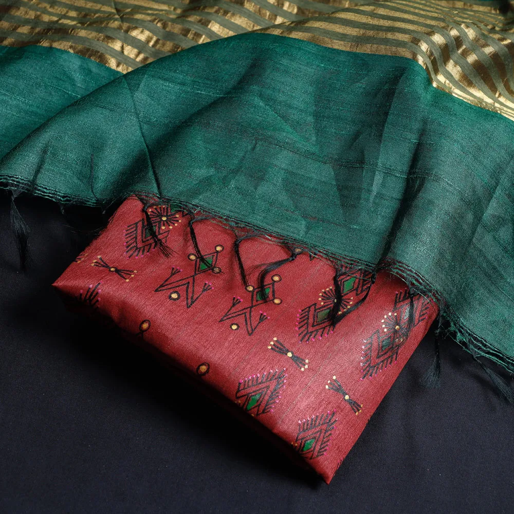Red - 2pc Godna Handpainted Tussar Silk Suit Material with Zari Buta Dupatta