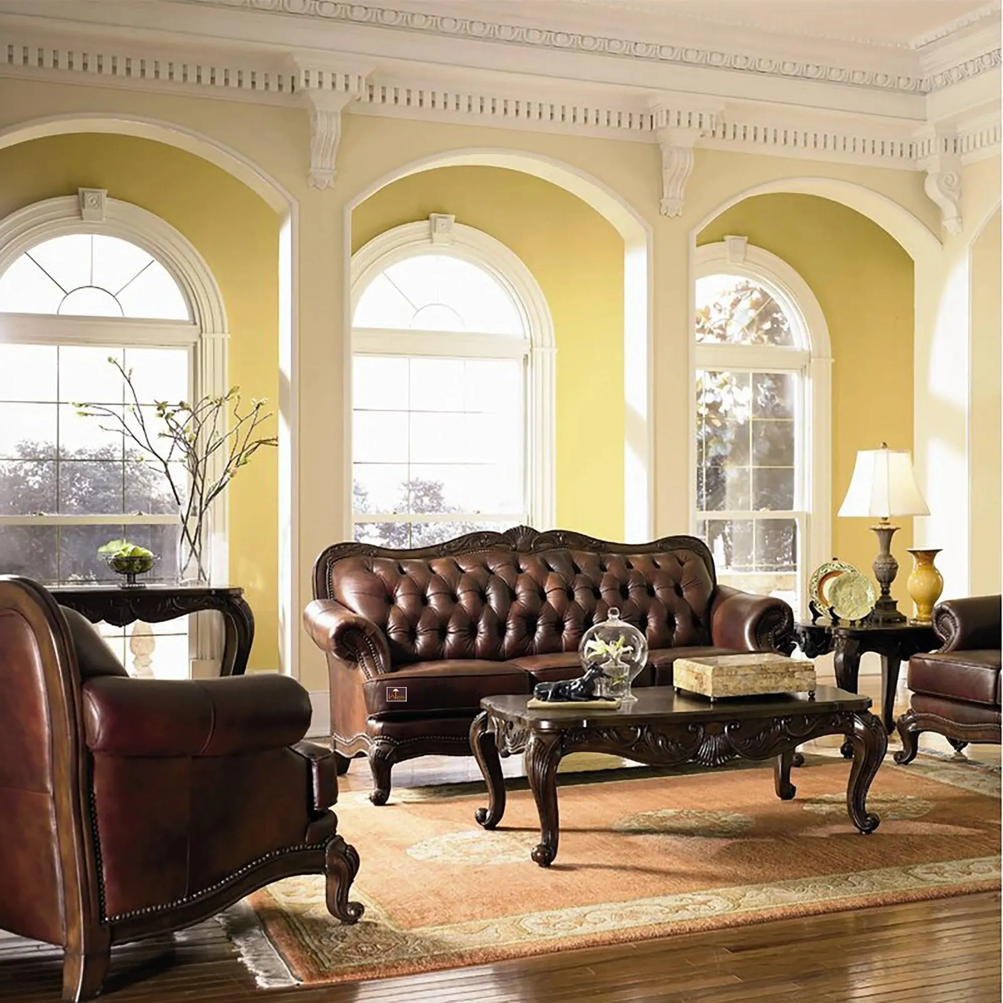 Wooden Handicraft Carved Genuine Leatherette Rolled Arm Sofa 3 Seater (Teak Wood, Dark Brown)