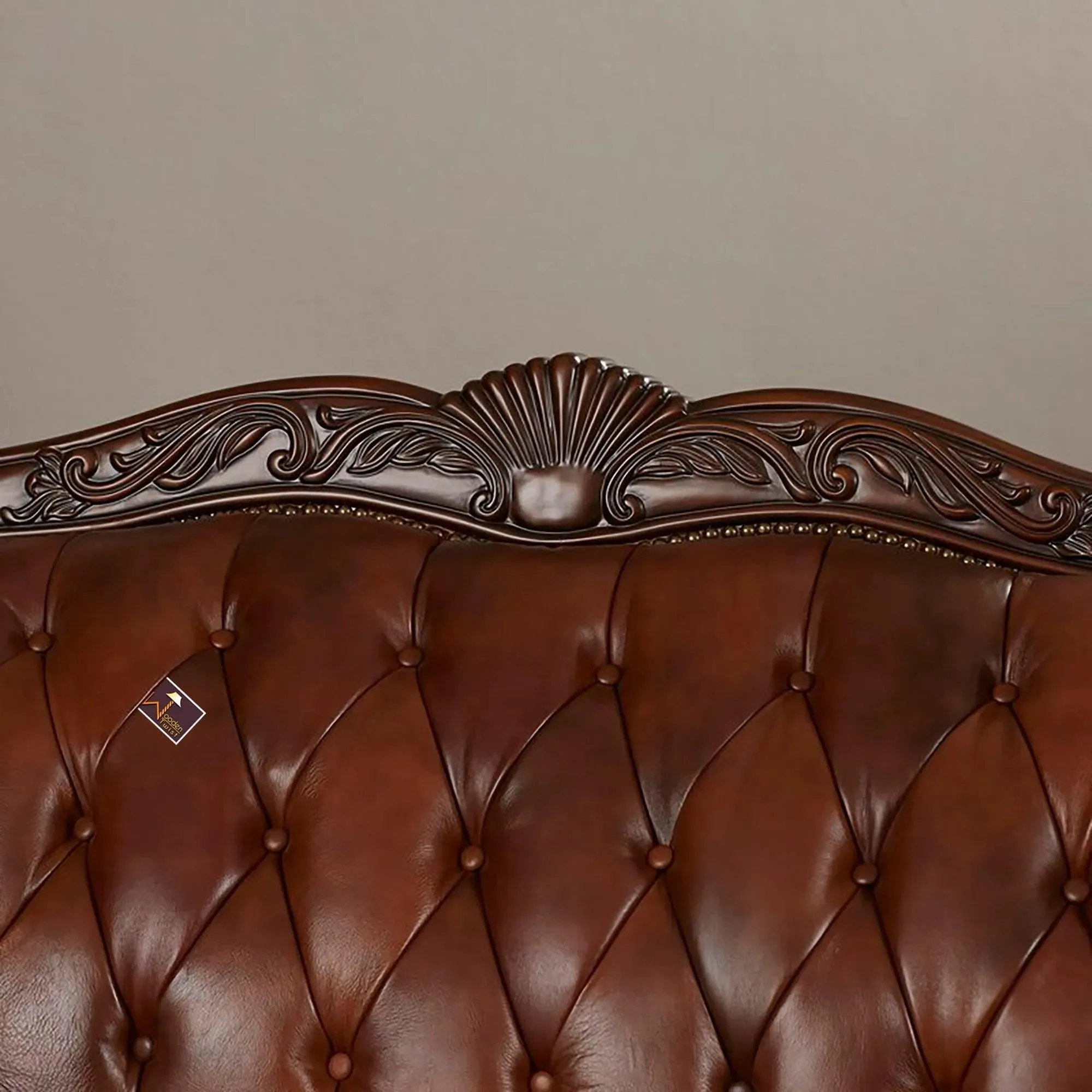 Wooden Handicraft Carved Genuine Leatherette Rolled Arm Sofa 3 Seater (Teak Wood, Dark Brown)