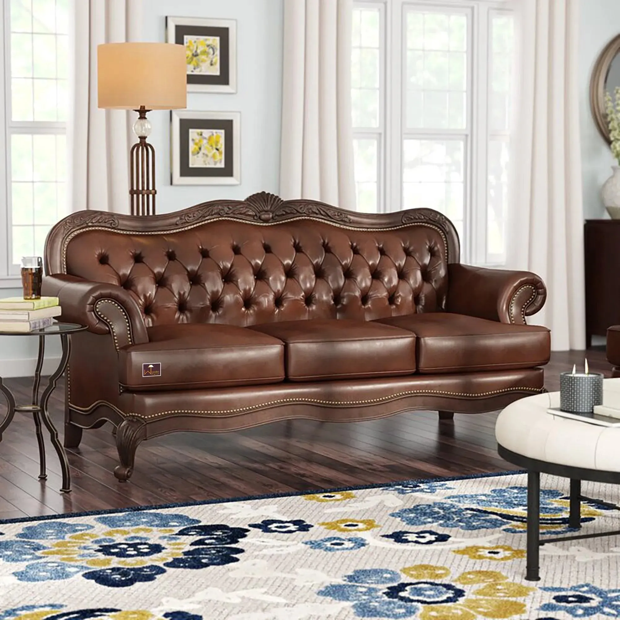 Wooden Handicraft Carved Genuine Leatherette Rolled Arm Sofa 3 Seater (Teak Wood, Dark Brown)