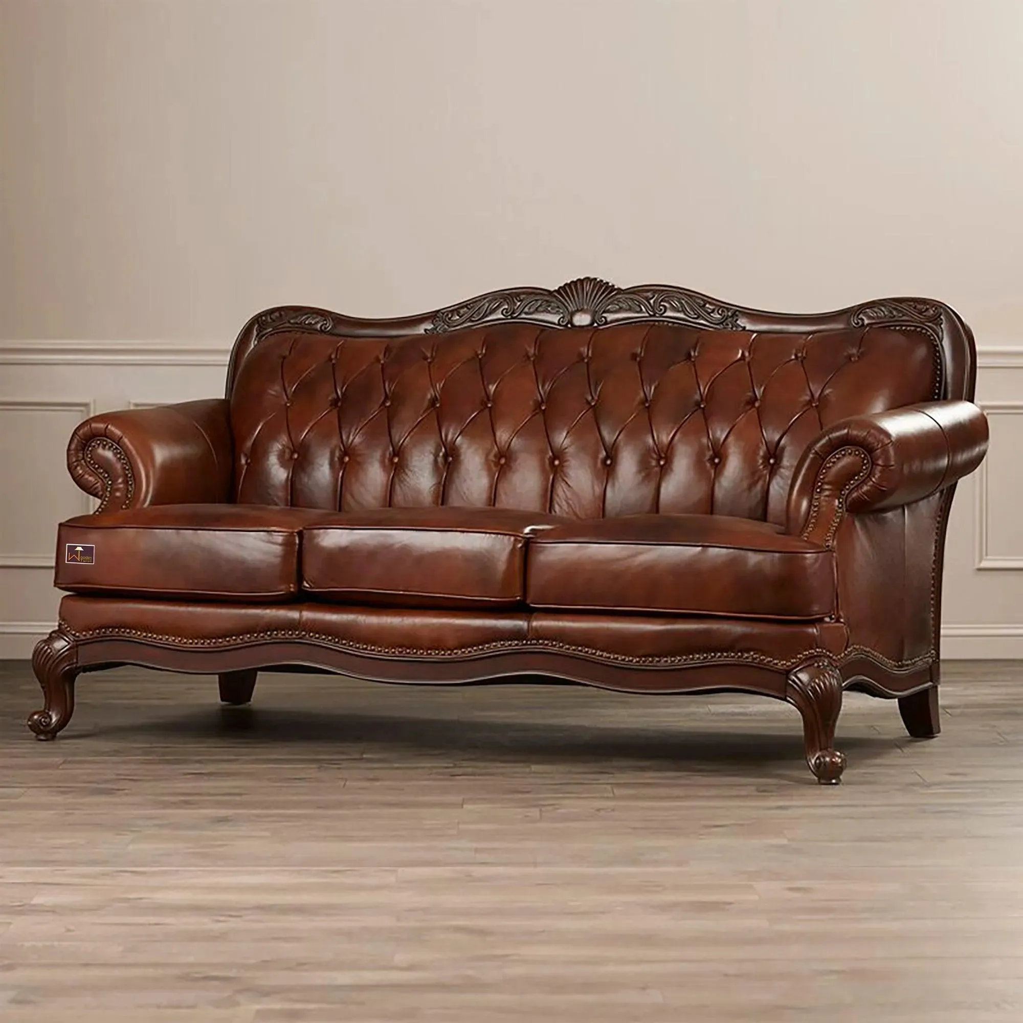 Wooden Handicraft Carved Genuine Leatherette Rolled Arm Sofa 3 Seater (Teak Wood, Dark Brown)