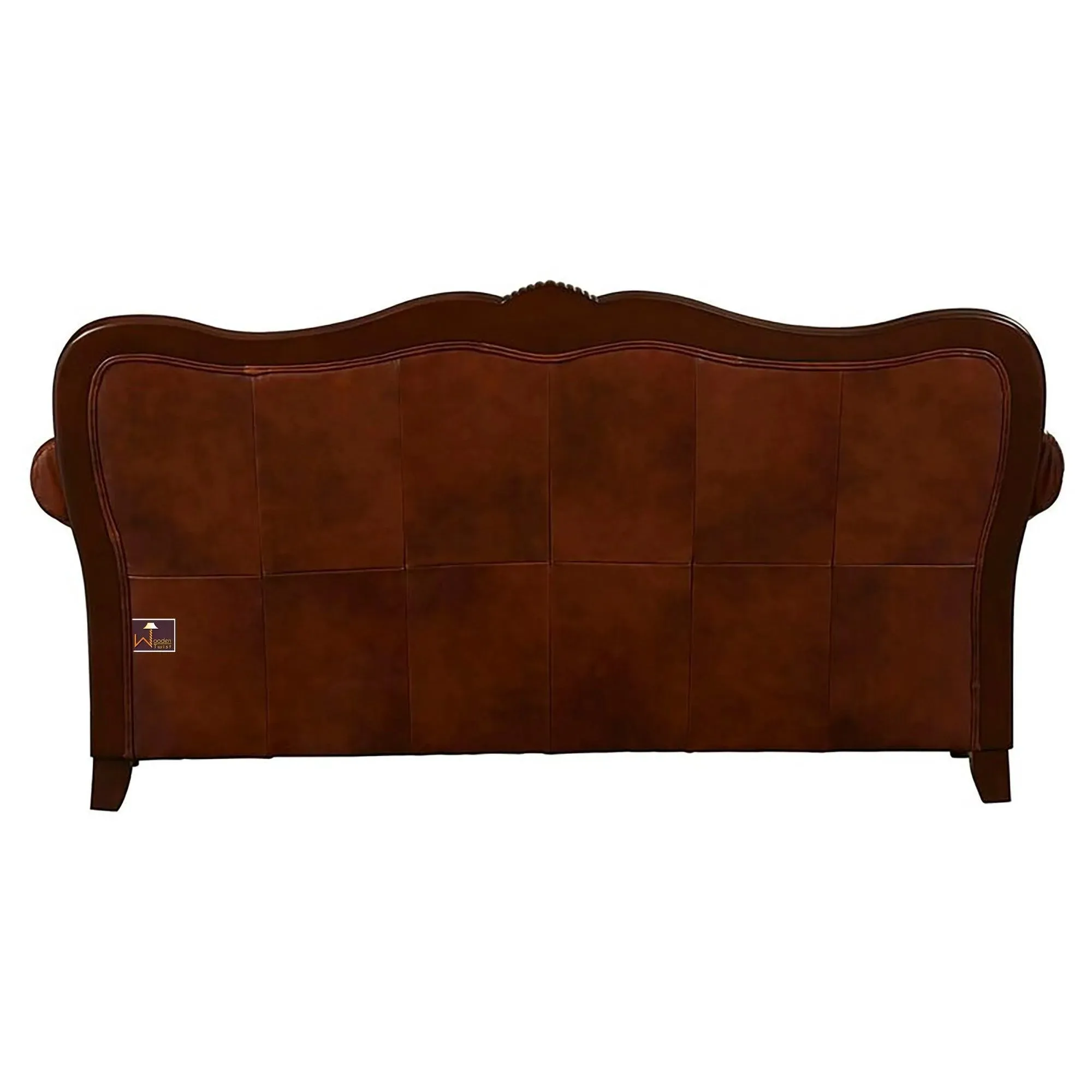 Wooden Handicraft Carved Genuine Leatherette Rolled Arm Sofa 3 Seater (Teak Wood, Dark Brown)