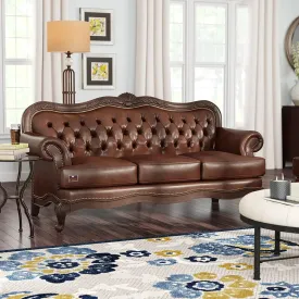Wooden Handicraft Carved Genuine Leatherette Rolled Arm Sofa 3 Seater (Teak Wood, Dark Brown)