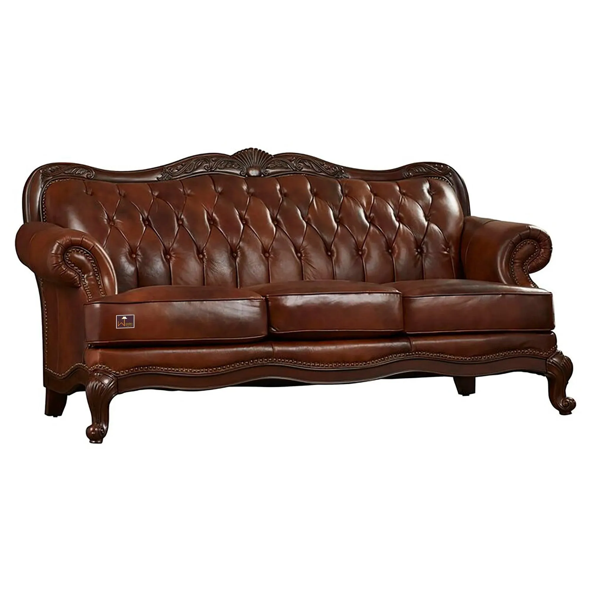 Wooden Handicraft Carved Genuine Leatherette Rolled Arm Sofa 3 Seater (Teak Wood, Dark Brown)