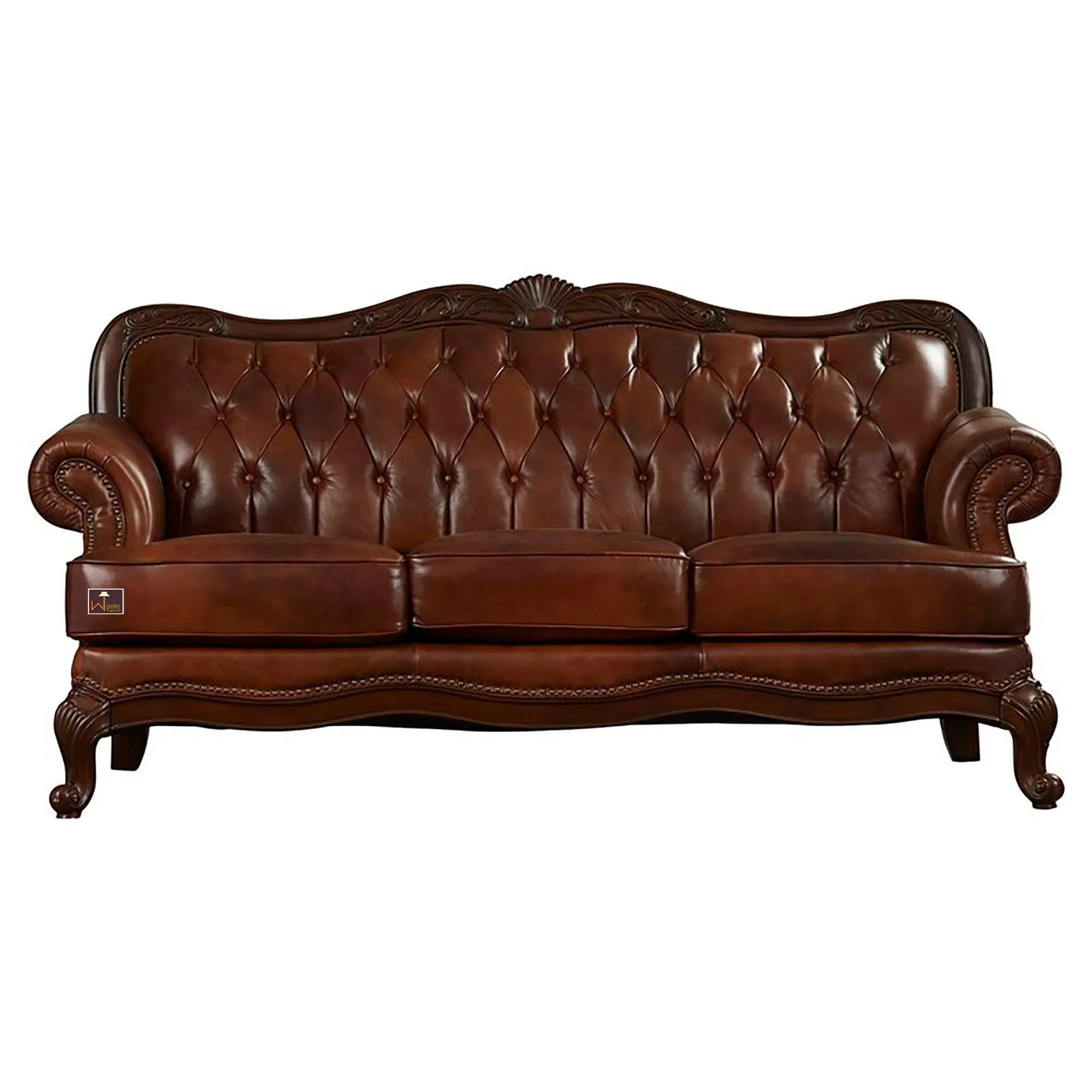 Wooden Handicraft Carved Genuine Leatherette Rolled Arm Sofa 3 Seater (Teak Wood, Dark Brown)