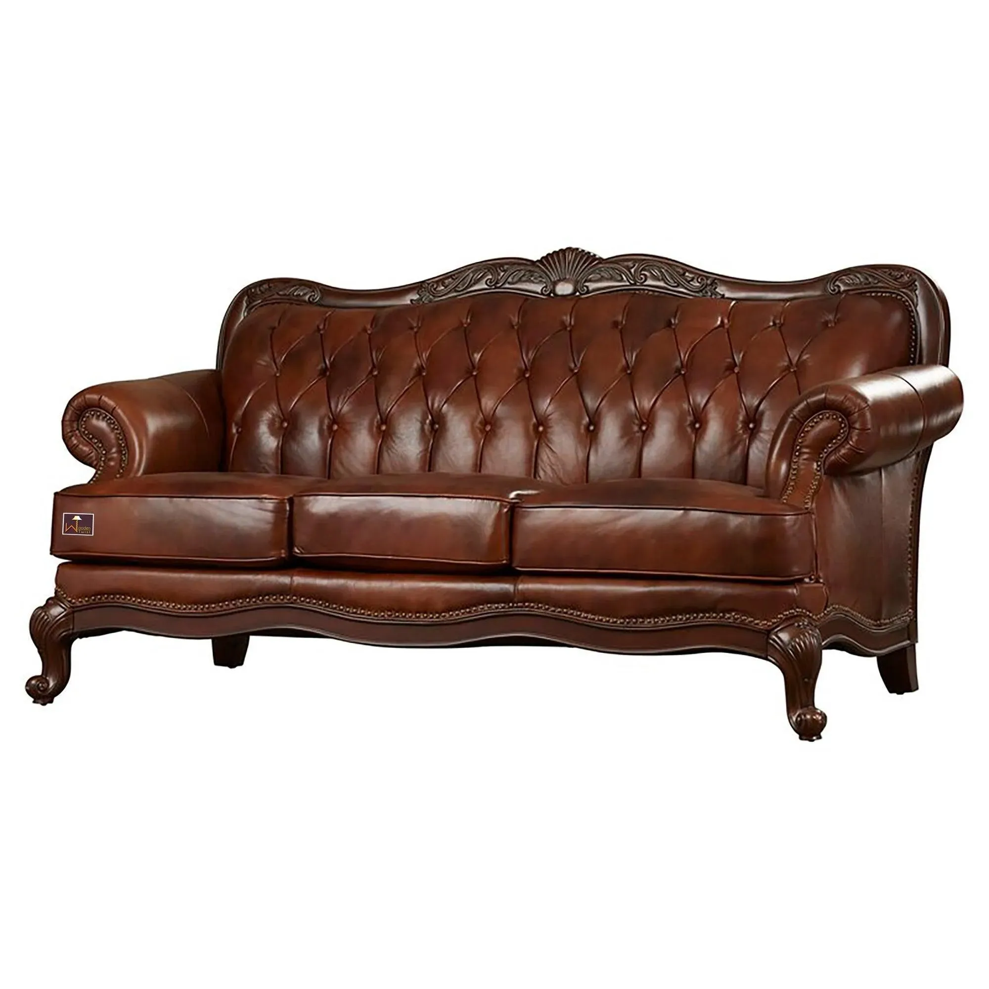 Wooden Handicraft Carved Genuine Leatherette Rolled Arm Sofa 3 Seater (Teak Wood, Dark Brown)